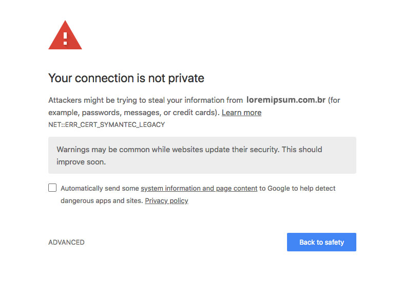 Certificado SSL - Tela de aviso do Chrome sobre site não seguro